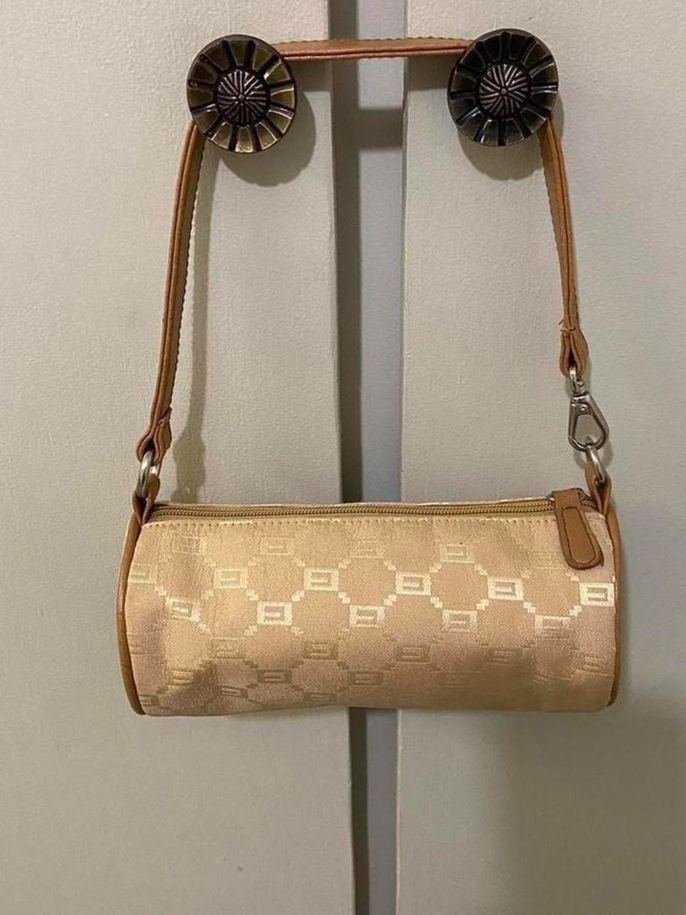 Tan Jacquard Cylinder Shoulder Bag